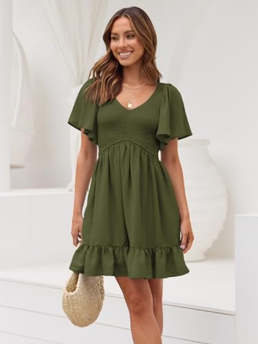 Image of LILLUSORY Women's Flowy Casual Mini Dresses 2026 Summer Graduation Smocked V Neck Vacation Dress Dress with Pockets