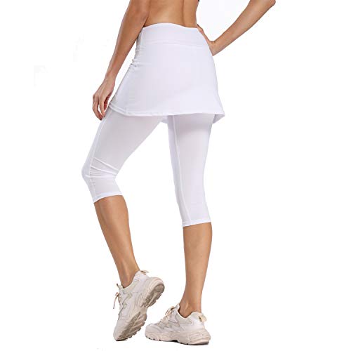 Ibeauti Womens UPF 50+ Yoga Skirted Capri Leggings Golf Tennis Pants with Skirt for Running Workout Active (White, Large)