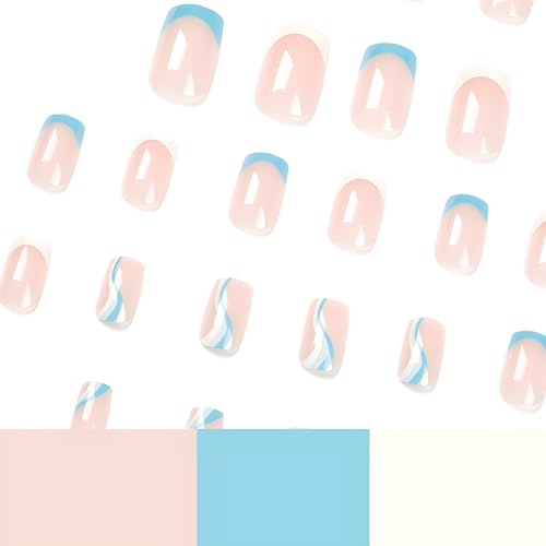Square French Press en Uñas, Uñas Postizas Cortas Nude, Uñas Azul Onduladas con Pegamento, Uñas Falsas Brillantes de Acrílico de Cobertura Completa para Mujeres miniatura 4