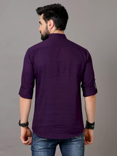 Image of DEEMOON Men's Cotton Blend Full Sleeve Short Kurta with Mandarin Collar Crafted from a Premium Cotton Blend
