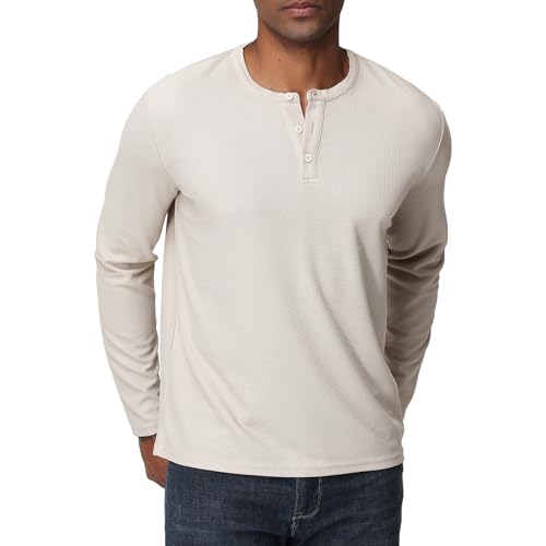 Men's Henley Shirts Long Sleeve Waffle Casual Pullover T-Shirts Basic Textured Button Lightweight Shirts Top Black S