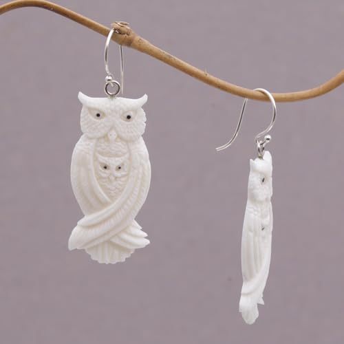 NOVICA Handcrafted .925 Sterling Silver Bone Dangle Owl Family | Handmade Artisan | Aretes de buho | Jewelry Dangle Earring | Carved Bone | Animal Themed Earrings4