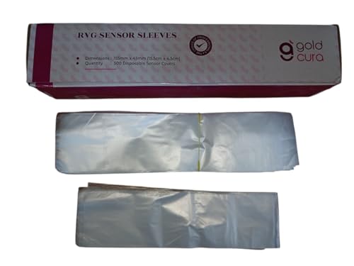 Image of Gold Cura Dental RVG Sleeves | RVG Sensor Sleeves | X-ray Sensor Protective Films | Compatible with Size 1, 1.5 & 2 | Dimensions: L 15.5 CM x W 4.5 CM | Pack of 500 Sleeves