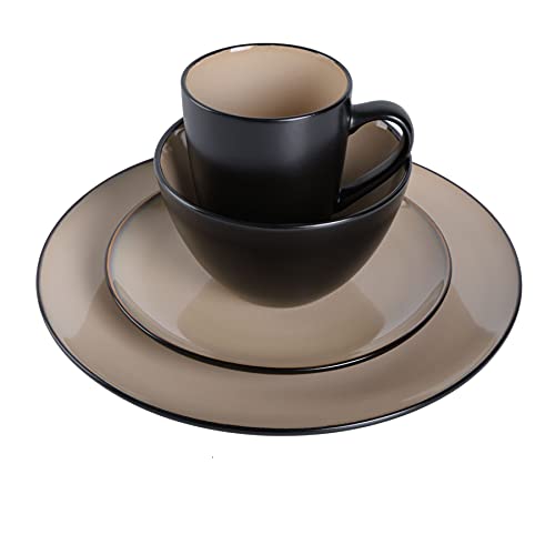 Gibson Elite Soho Lounge 16-Piece Round Reactive Glaze Stoneware Dinnerware Set, Service for 4 – Taupe Plates and Bowls
