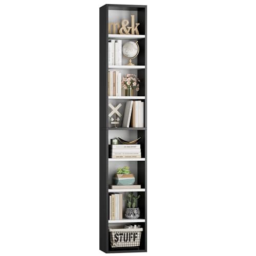 FOTOSOK 8-Tier Media Tower Rack, 11.6 X 9.3 X 71 Inches CD DVD Slim Storage Cabinet with Adjustable Shelves, Tall Narrow Bookcase Display Bookshelf for Home Office, Black/White