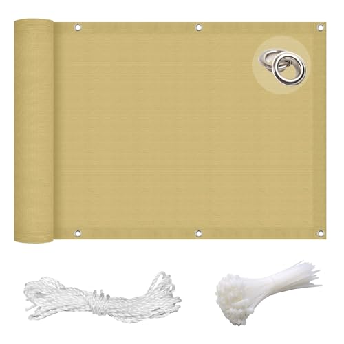 GAIFNAG Balkon Sichtschutz Balkonabdeckung 70 x 500 cm Balkonsichtschutz mit Ösen, Kunststoff Balkonverkleidung mit Ösen, Nylon Kabelbinder Und Kordel für Balkon Garten im Freien, Sandgelb