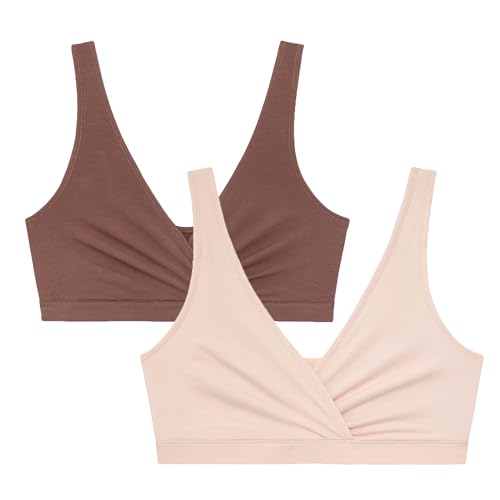 Motherhood Maternity Nursing Bras, Women’s Cotton Spandex Wrap Front Sleep Bra, Bralette for Breastfeeding & Pumping, Porcelain Pink/Nutmeg (2-Pack, Medium) | (Sizes S-3X)