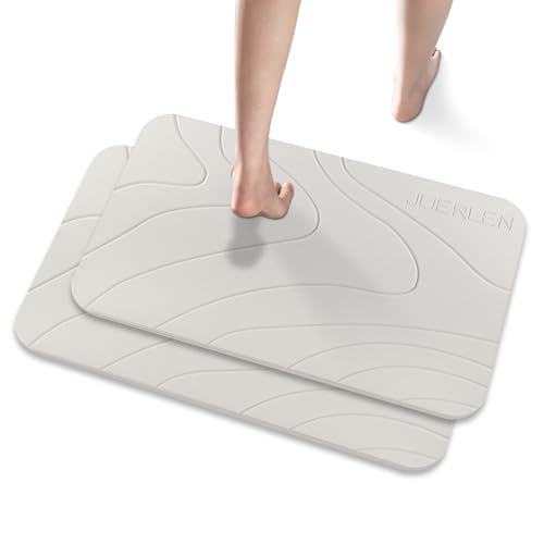 Image of JUERLEN 2 Pack Diatomaceous Earth Shower Mat, Stone Bath Mat, Nonslip Super Absorbent Fast-Drying Hard Bath Mat for Bathroom Shower Floor, 24 x 16 inch, Pallid Wave Design