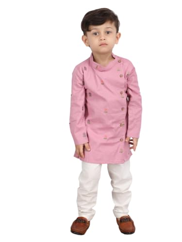 POLKA TOTS Boys Embroidered Cotton Kurta Pajama Set | Ethnic Outfit for Festivals & Weddings (Color: Pink & Cream, 6-12 M)