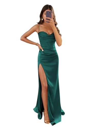 Image of Women's Mermaid Prom Dress with Slit Satin Bridesmaid Dresses Long Corset Evening Formal Party Gown