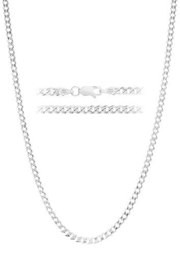 KISPER 925 Sterling Silver chain for men - Diamond Cut 3.5mm Flat Curb Cuban Link Chain Necklace with Lobster Clasp, Made in Italy - 18 inch silver chain for men
