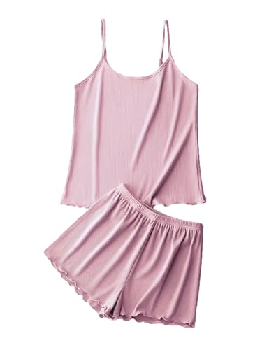 Weardear Pijama Mujer Verano Sin Mangas Conjunto de Pijamas con Cami Top y Pantalones Cortos Sexy Elástico, Rosa, L