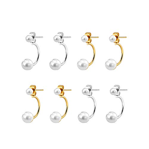 Houlife 316L Stainless Steel Double Ball Earring Jackets Imitation Pearl Ear Stud Earrings Set for Women & Girls 4 Pairs