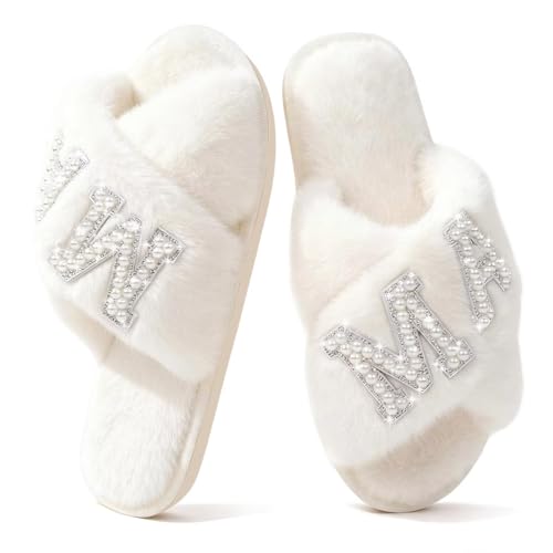 MAIITRIP MAMA Slippers for Women Fuzzy Mom Slippers with Pearls Rhinestones Fluffy Slippers for Hospital Delivery Cozy Indoor House Shoes Gifts for New Mom Mother's Day White 6.5 7 7.5