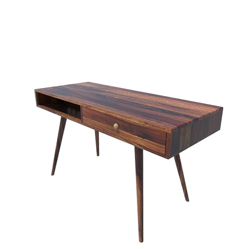 Image of DEMIWALL Wooden Writing Study Desk Table for Home & Office | Laptop Computer Table with One Drawers & One Open Shelf Storage for Adults & Students | Sheesham Wood, Brown Finish