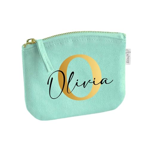 Neceser de maquillaje para niña con nombre, diseño de letra inicial con nombre impreso, bolsa de cosméticos personalizada, para niñas y mujeres, verde menta, S (14 x 11 cm), Neceser de maquillaje