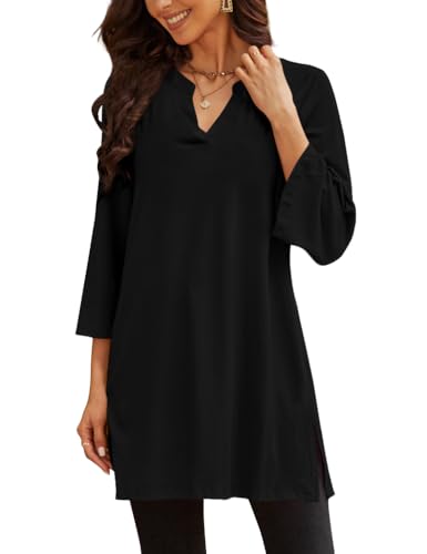 Poetsky Womens Tunic Tops 3/4 Bell Sleeve Loose Fit Tunics Dressy Casual Side Split Flare Top for Leggings