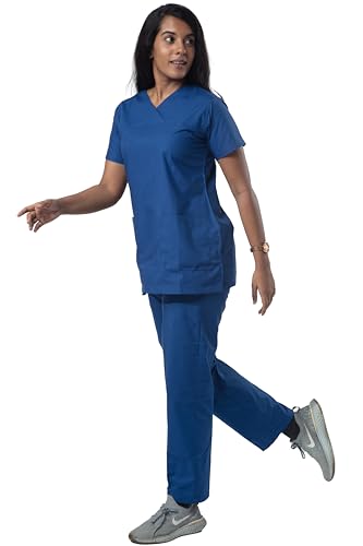Image of Uniform Craft Women's 4 Pocket Scrub Suit Set | Medical Uniform | Cross V-Neck Poly Cotton | Short Sleeve Hospital Wear | Ideal for Doctors & Nurses (Bright Blue, L)