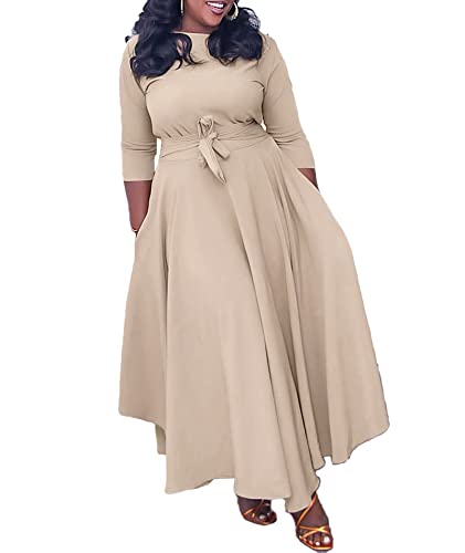Image of SEMATOMALA Women's A Line Self Tie Waist Maxi Dress Round Neck Long Sleeve High Waist Plus Size Swing Flare Long Dresses