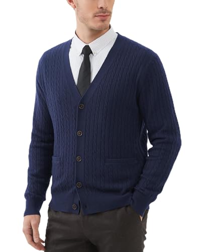 Kallspin Men's Cardigan Sweater Wool Blend Cable Knit V Neck Buttons Cardigan with Pockets - Main Image