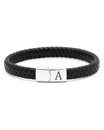 TOLOWOBK Bracelet Cuir Homme Lettre Initiale Tissé à La Main Noir Lettres A-Z Cuir Bracelets Pour Homme avec Fermoir Magnétique Bijoux Cadeau Pâques...
