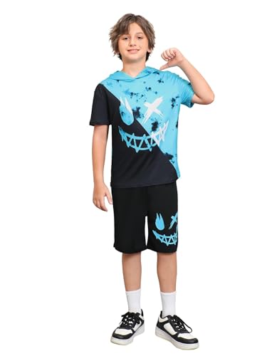 Image of WDIRARA Boy's Two Piece Graphic Print Hooded Neck Tops and Track Shorts Clothing Set