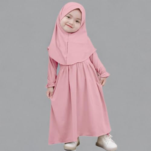 AWIBMK Baby Girls Two-Piece Abaya Dubai Turkey Prayer Maxi Dress + Full Cover Hijab Muslim Long Sleeve Robe Islamic Clothing