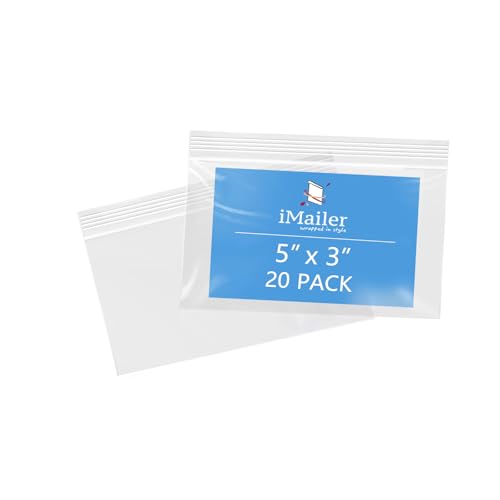 iMailer - 5" x 3" 20 Pack - 2 Mil Resealable Zip Bags - Small Clear Plastic Bags for Storage, Organizing, Crafts, Snacks, Jewelry, Hardware