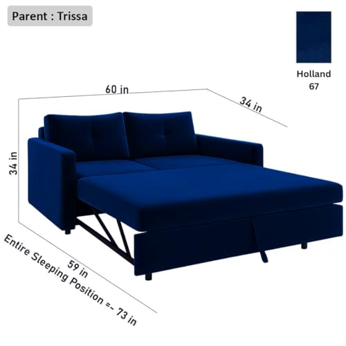 Image of FURNY Soria 2 Seater Pull-Out Premium Fabric Sofa Cum Bed Sofa Set for Living Room (Dark Blue) Premium Velvet Finish | Ideal for Living Rooms, Bedrooms