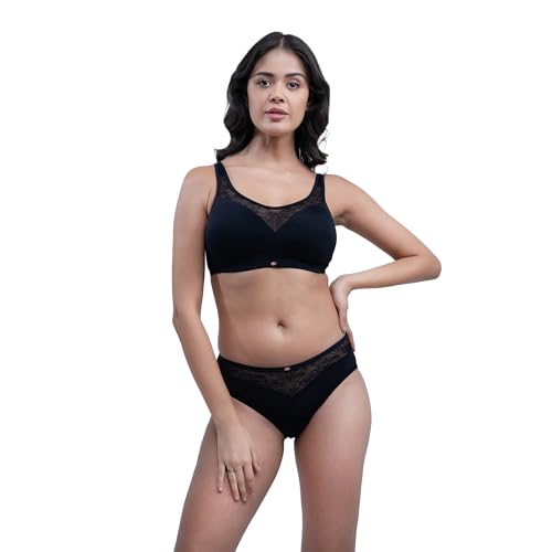 Image of SOIE Women's Full Coverage Padded Bra and Mid Rise Brief with Lace Detailing