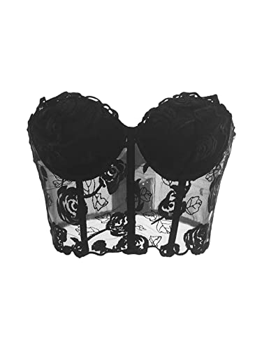 Wdirara Women's Floral Lace Strapless Sheer Mesh Crop Tube Top Sexy Camisole Black S #TOP20