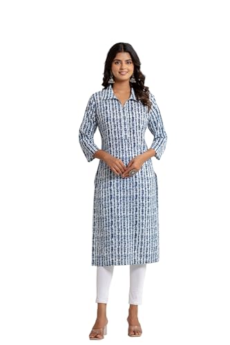 Image of Women Pure Cotton White and Blue Striped Printed Kurta