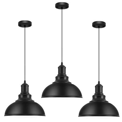 Image of 3PCS Matte Black Pendant Lights, Farmhouse Pendant Lamp with Metal Shade (White Inside), Industrial Pendant Lighting for Kitchen Island, Dining Room, Bedroom, Hallway