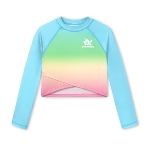Image of BesserBay Girls Rash Guard UPF 50+ Long Sleeve Mock Neck Crossover Hem Swim Crop Top 4-14 Years