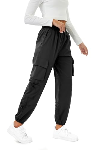 Friptspyg Cargohose Damen Leichter Trekkinghose mit Tasche Wanderhose Schnelltrocken Wasserdicht Einstellgurt Outdoor Hosen Sportlich Jogginghose, Schwarz M