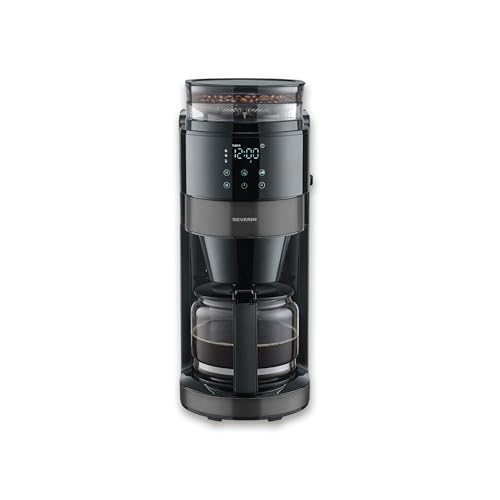 Severin Cafetera de goteo, con jarra de cristal y molinillo, 1,25L de capacidad, hasta 10 tazas, interrupción por goteo, aroma intenso, pantalla LED, 900W, inox oscuro, negro, KA 4830