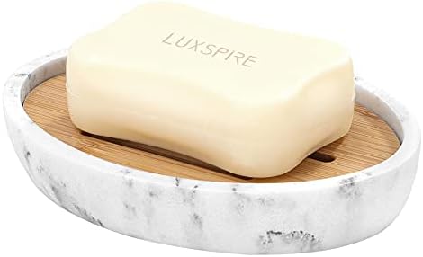 Luxspire Soap Dish Tray, Resin Soap Dish, Bamboo Soap Bar Holder Box for Shower Kitchen Sink, Double Layer Draining Soap Container Box, Wood Soap Case, Bathroom Marble Pattern Tray, Gravel white
