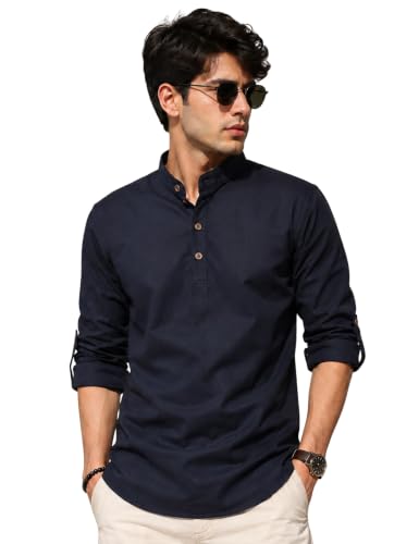 Image of Fifth U Men's Cotton Polyester Blend Solid Mandarin Collar Self Design Full Sleeve Casual Short Kurta