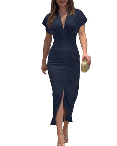 Image of CHICME Summer Dresses for Women Floral Print Plunge V Neck Midi Dress Casual Ruched Slit Bodycon Party Dress
