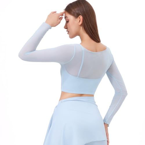 Harssidanzar Women's Workout Long Sleeve Yoga Shirts Mesh Gym Athletic Tops with Sports Bra CL309US3