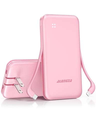 Alongza Portable Charger Built-in Cables and AC Wall Plug, Slim Fast Charging Power Bank 10000mAh, Lightweight USB C External Battery Pack Compact Travel Cell Phone Charger