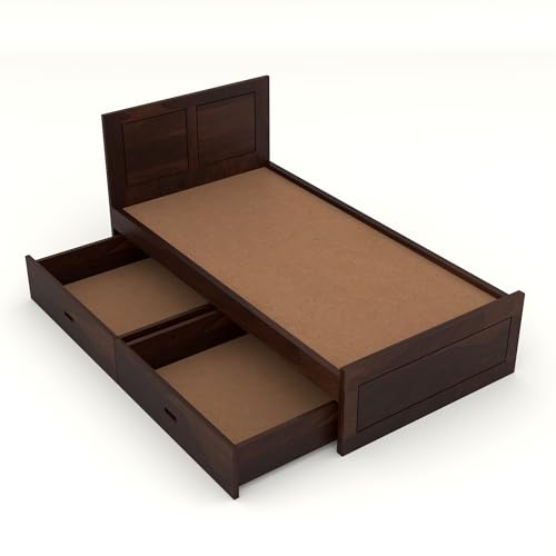 Image of Solid Sheesham Wood Single Size Bed with 2 Drawer Storage Wooden Single Cot Bed for Home Living Room Bedroom Guest Room Hotel (Walnut, Size 6 * 4)