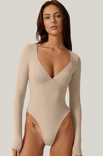 Image of QINSEN Women's Long Sleeve Bodysuit V Neck Body Suits Seamed Cup Going Out Tops Shirt