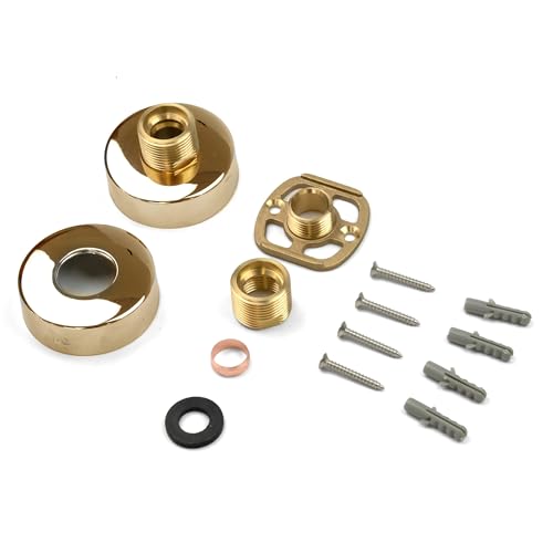 Brushed Gold Round Shower Fixing Kit Plates (Pair) | Wall Mounted Fixing Kit with 3/4 Connections | Easy Fix Brackets Kit for Exposed Shower Valves or Bath Shower Mixer Tap - Brass
