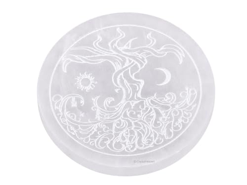 Image of Certified Selenite Crystal Charging Plate, 4 Inch Engraved Tree of Life Selenite Plate for Crystal Cleansing Re-Energy Work, Meditation and Pooja