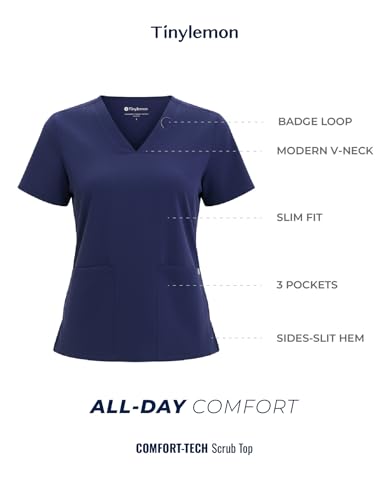 TINYLEMON Women Scrub Top - 3 Pockets V-Neck Slim Fit with Badge Loop Soft Four-Way Stretch Anti-Wrinkle Navy Blue Medium - image 2