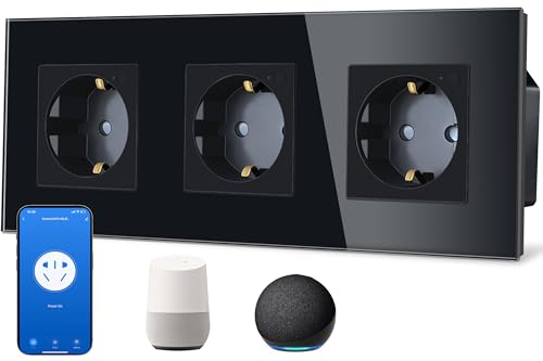TAWOIA Schuko,Smart Steckdose,3 Fach,16A,APP-Steuerung, Arbeit mit Alexa,Glasrahmen,86 * 86mm,Schwarz,Wlan Nur 2.4 GHz