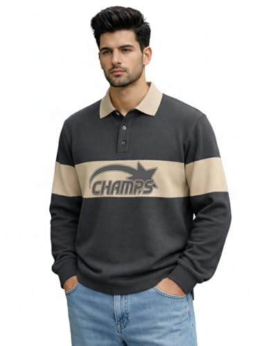 Image of Veirdo Men's Loopknit Cotton Oversized Baggy Fit | Full Sleeve Polo T-Shirt | Casual Streetwear with Ribbed Cuffs Travel | Sizes: S to XXL