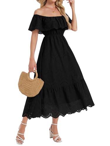 Image of Women's Summer Midi Dress High Waist Off Shoulder Ruffle Short Sleeve Hollow Out A Line Casual Long Dress 2025