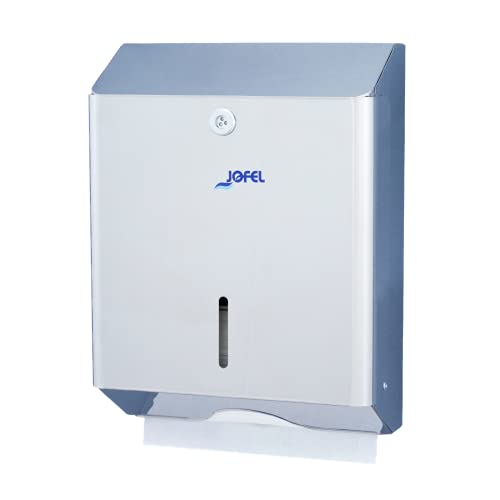Jofel - Dispensador de Papel de Manos, Toallas Faciales, Dispensador de Papel Secamanos de Pared, hasta 600 Toallitas Zig-Zag, Antivandálico, Carcasa Inoxidable, Clásica AH12200, INOX Brillo
